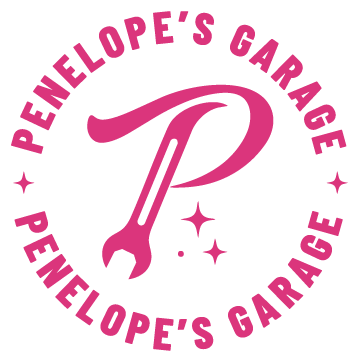 Logo for Penelope's Garage featuring a pink wrench and stars on a black background with pink text.
