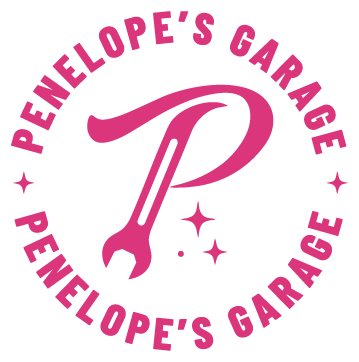 Logo for Penelope's Garage, featuring a pink wrench with stars inside a circular text that reads 'Penelope's Garage' twice.