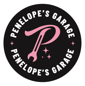 A circular logo with a pink wrench and stars in the center. Text around the circle reads 'Penelope's Garage' repeated twice.