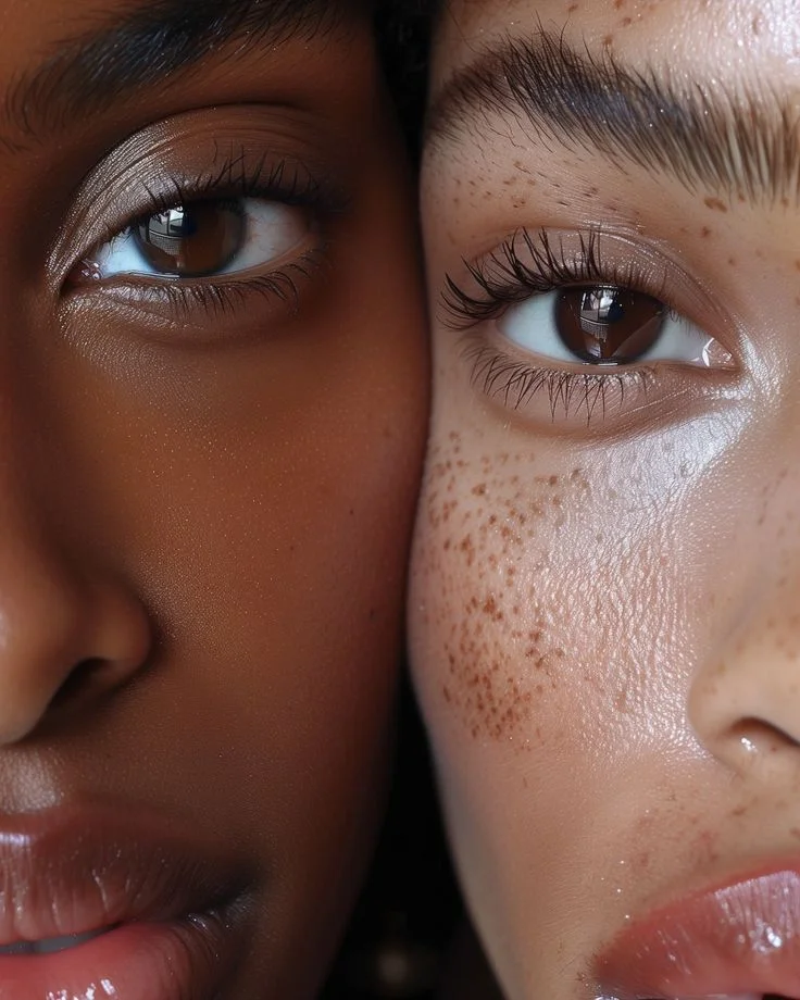  Close-up of a Black and white woman with clear skin and defined lashes, representing a beauty and aesthetics branding project