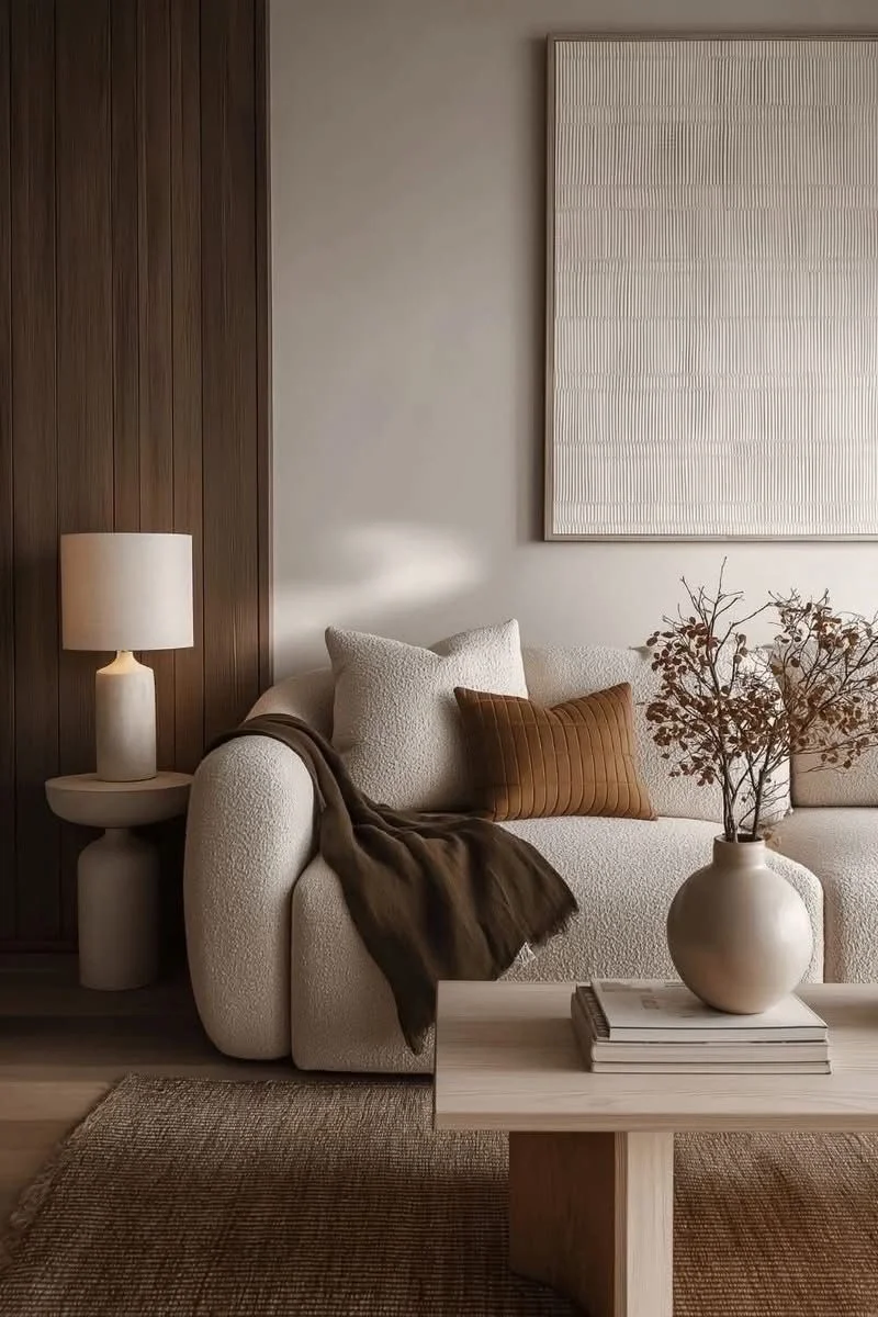 Living room with white textured sofa, brown pillow, dark throw blanket, wooden coffee table with a beige vase and books, wall-mounted artwork, floor lamp, and wooden panel wall