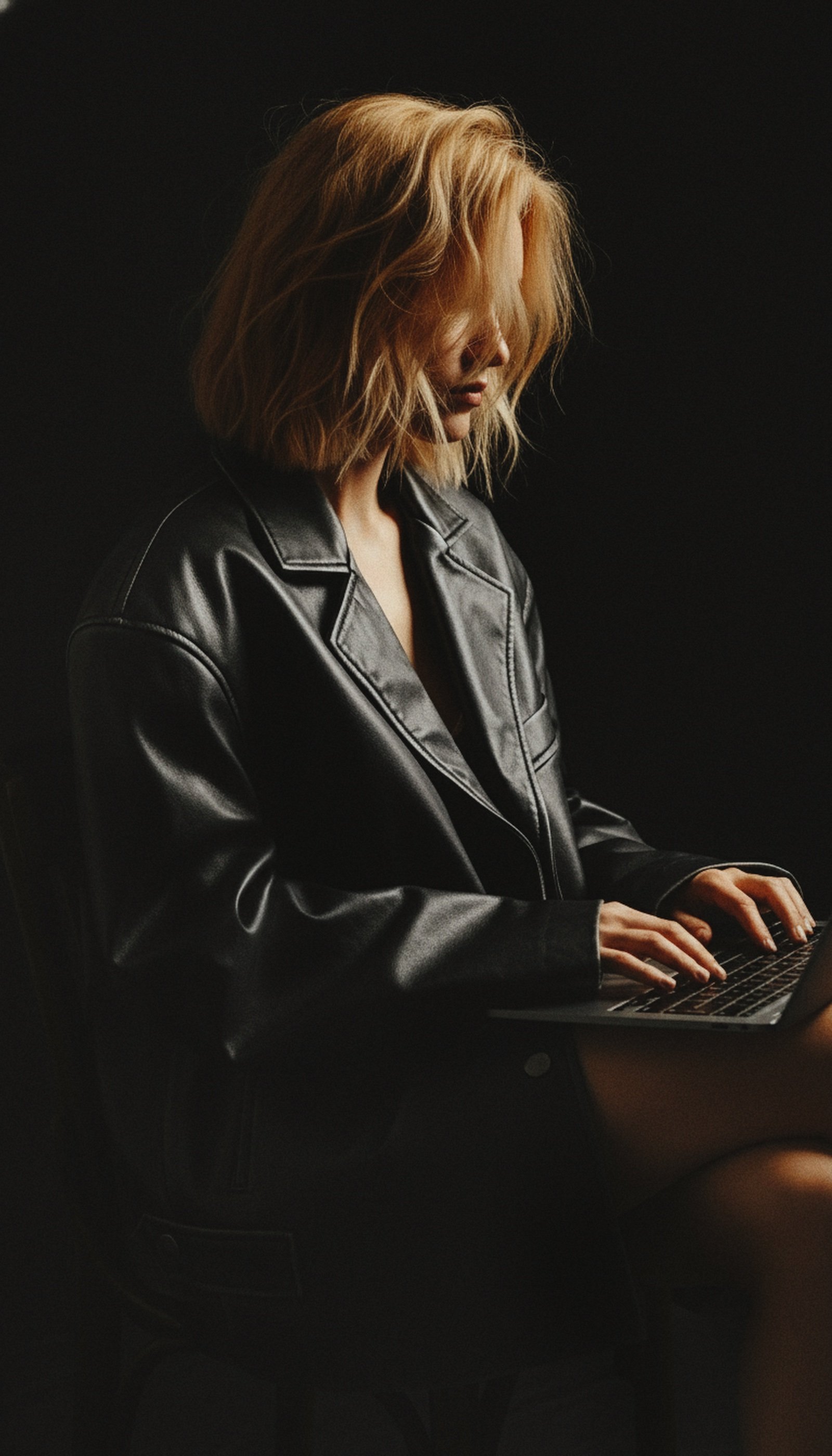 A woman with blonde hair wearing a black leather jacket sitting and working on a laptop against a dark background