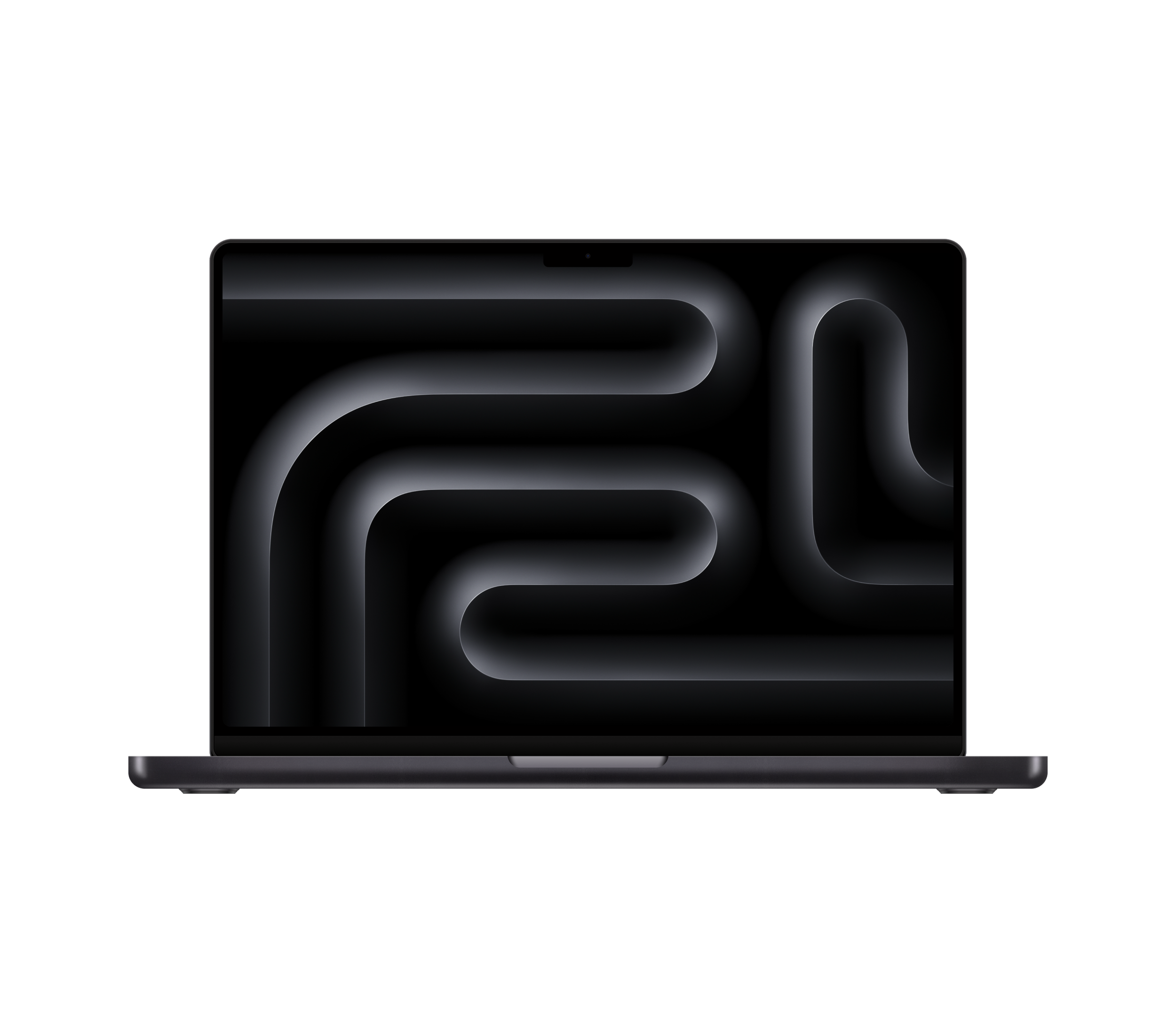 A sleek, black laptop with a glowing abstract design on its screen set against a dark background.