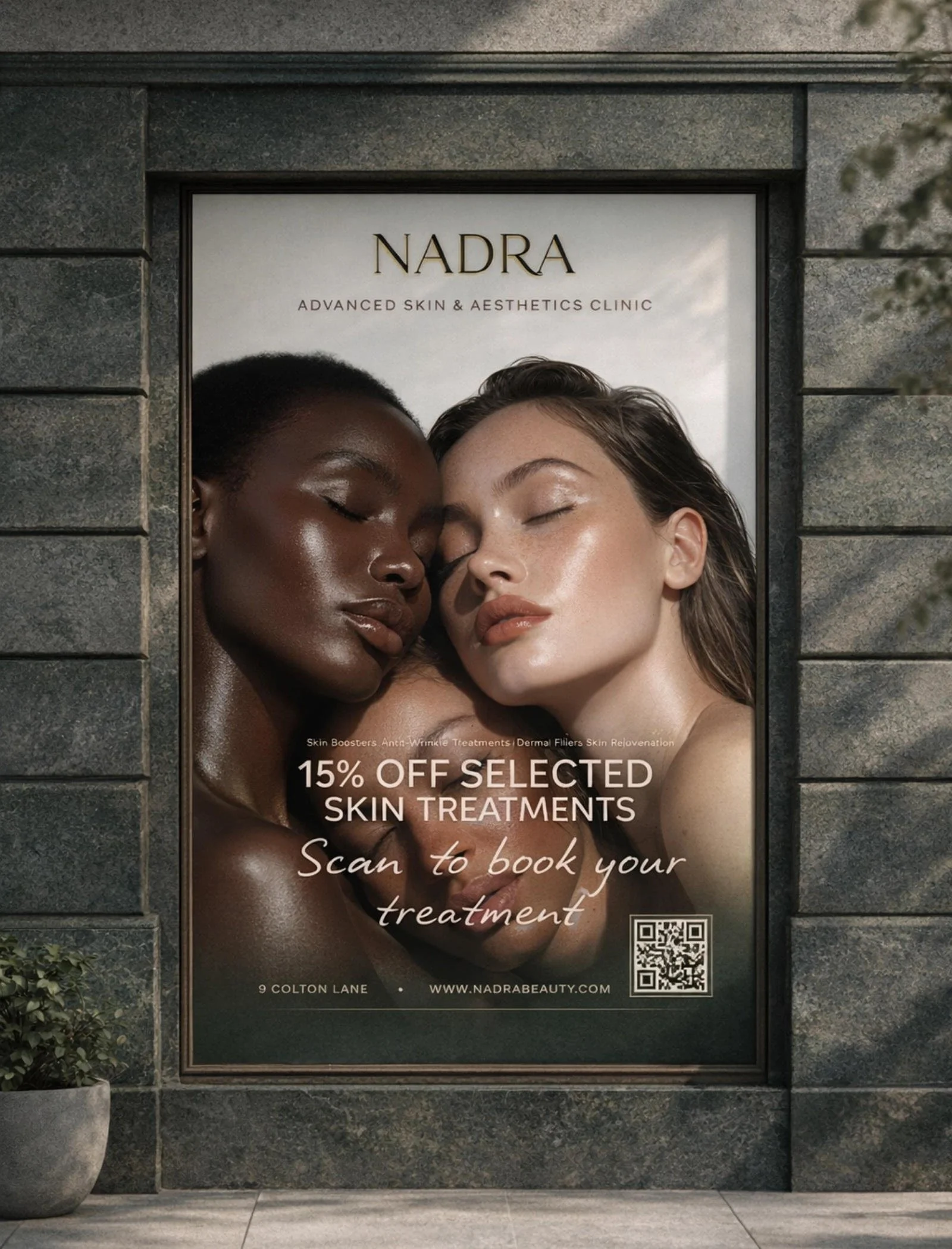 Outdoor beauty clinic poster featuring  radiant women with a QR code for booking services