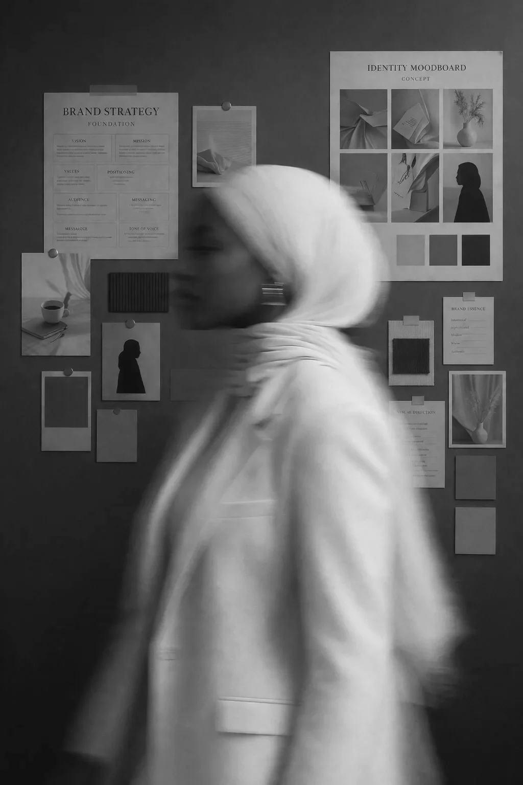 A person with light-colored hair wearing a hoodie, walking past a wall with various visual materials and notes related to branding and design, including mood boards and strategy documents.