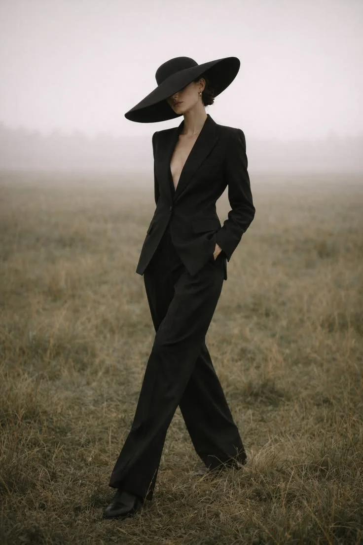 A woman in a black suit and large wide-brimmed hat standing outdoors on a foggy, grassy field with hands in pockets.