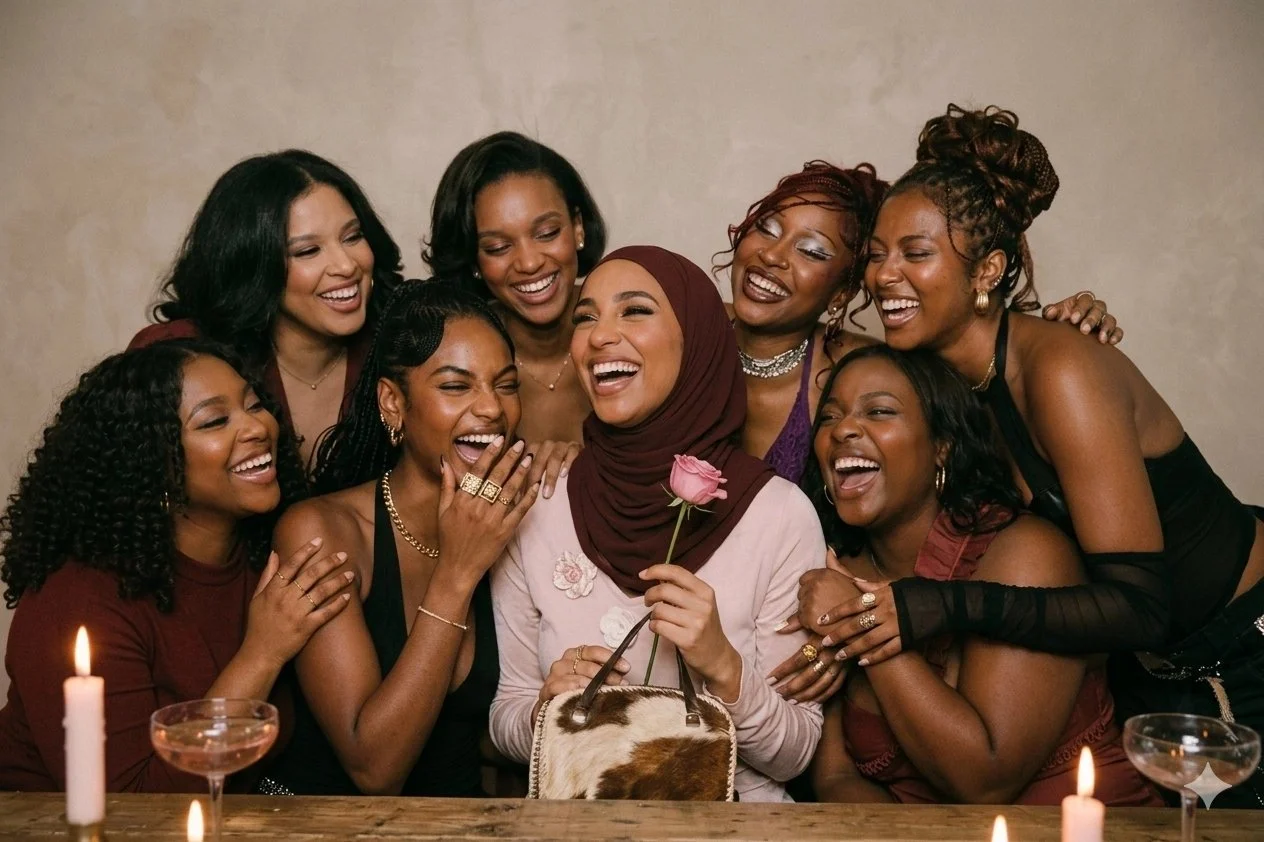 Group of women sitting and laughing together at a community event, representing the Cantu Beauty project.