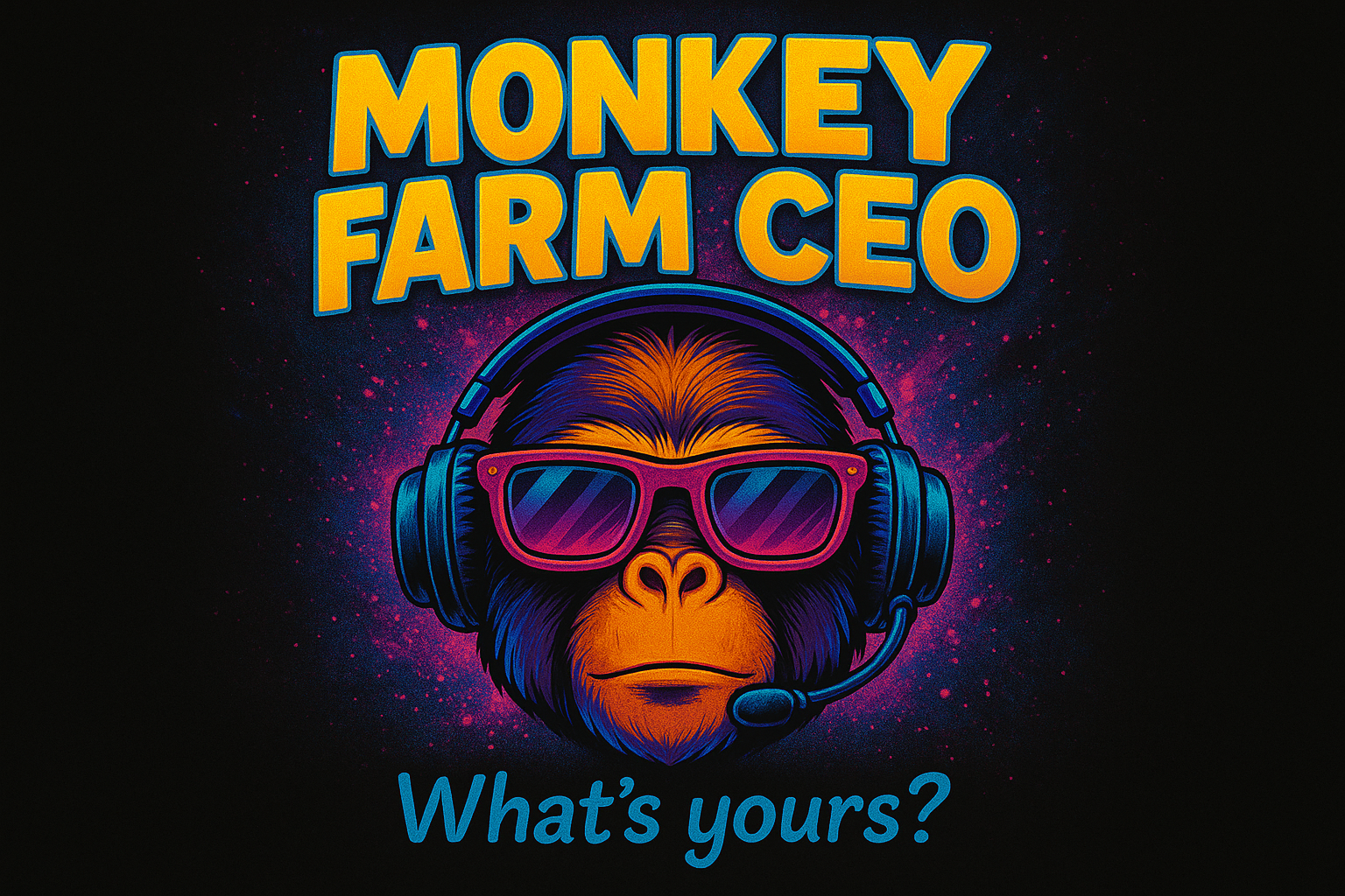 Stylized illustration of a monkey wearing sunglasses and a headset with the text “Monkey Farm CEO – What’s yours?”