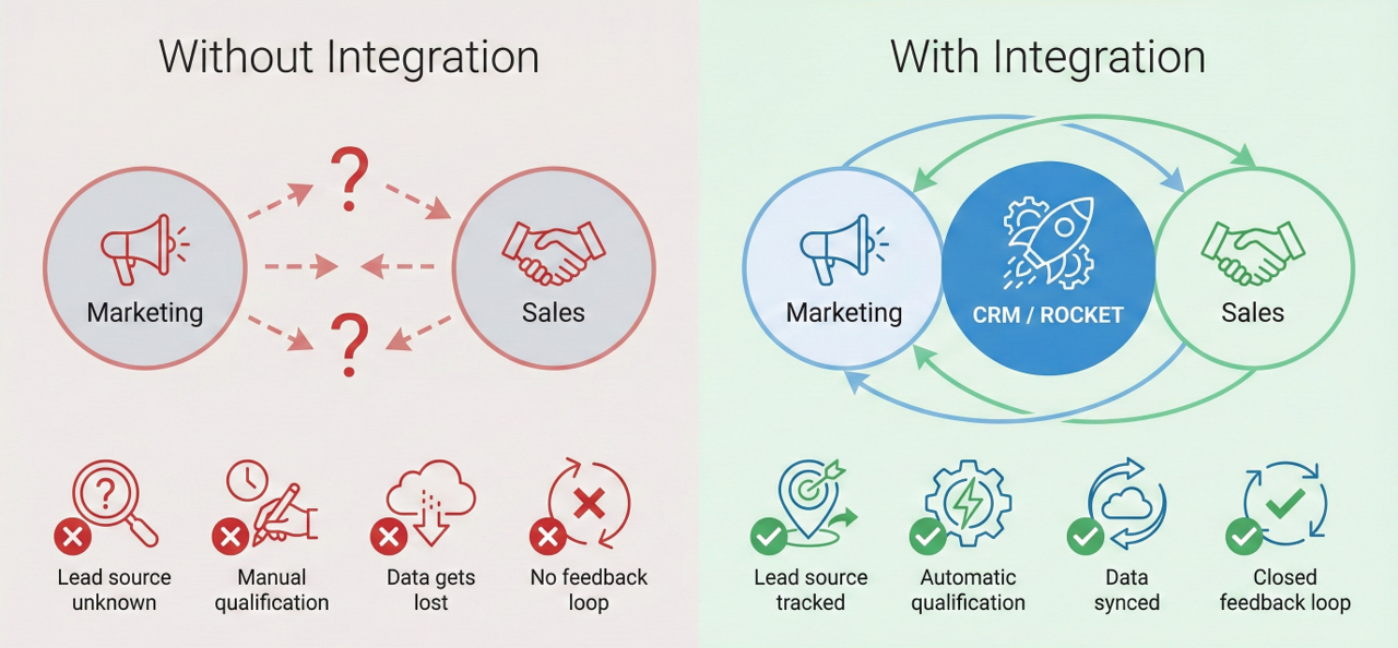 Infographic comparing marketing and sales workflows without integration versus with CRM and Rocket integration