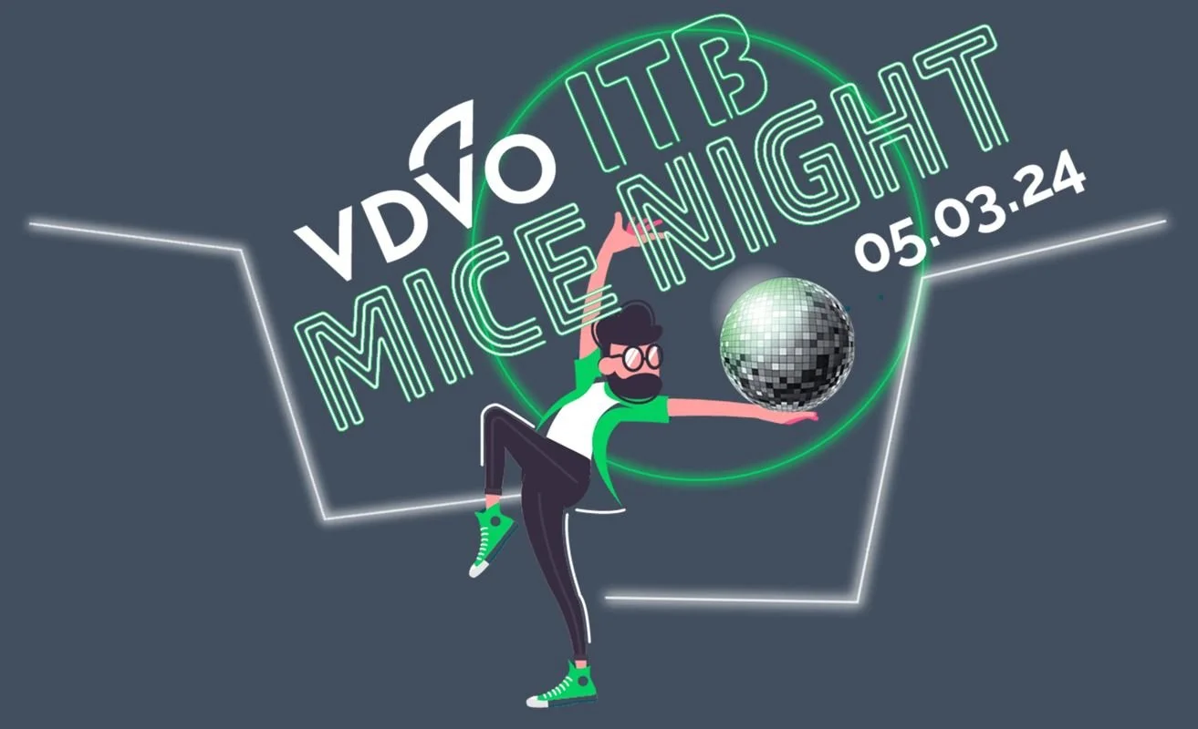 VDVO ITB MICE Night 2024 event graphic with illustrated dancer and disco ball