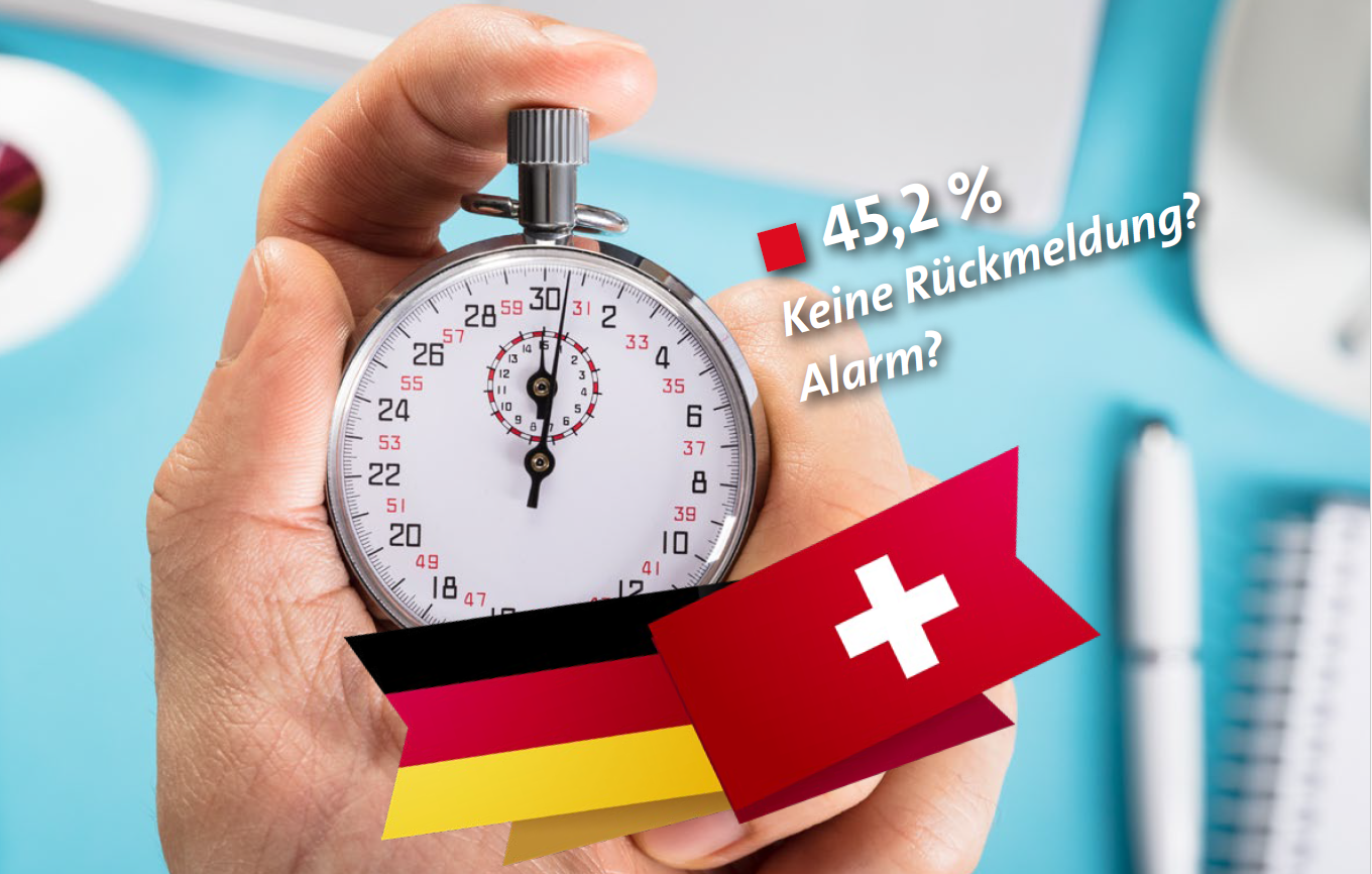 Stopwatch with the flags of Germany and Switzerland symbolizing speed in convention sales