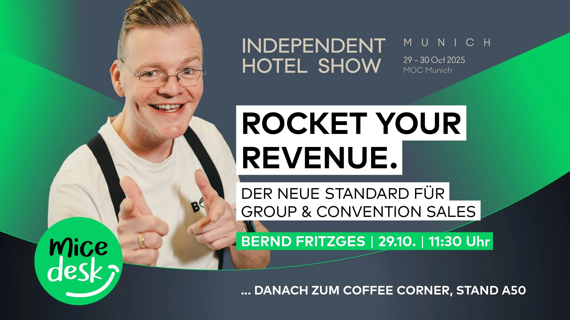 Bernd Fritzges presenting at the Independent Hotel Show Munich, promoting group and convention sales solutions by MICE DESK