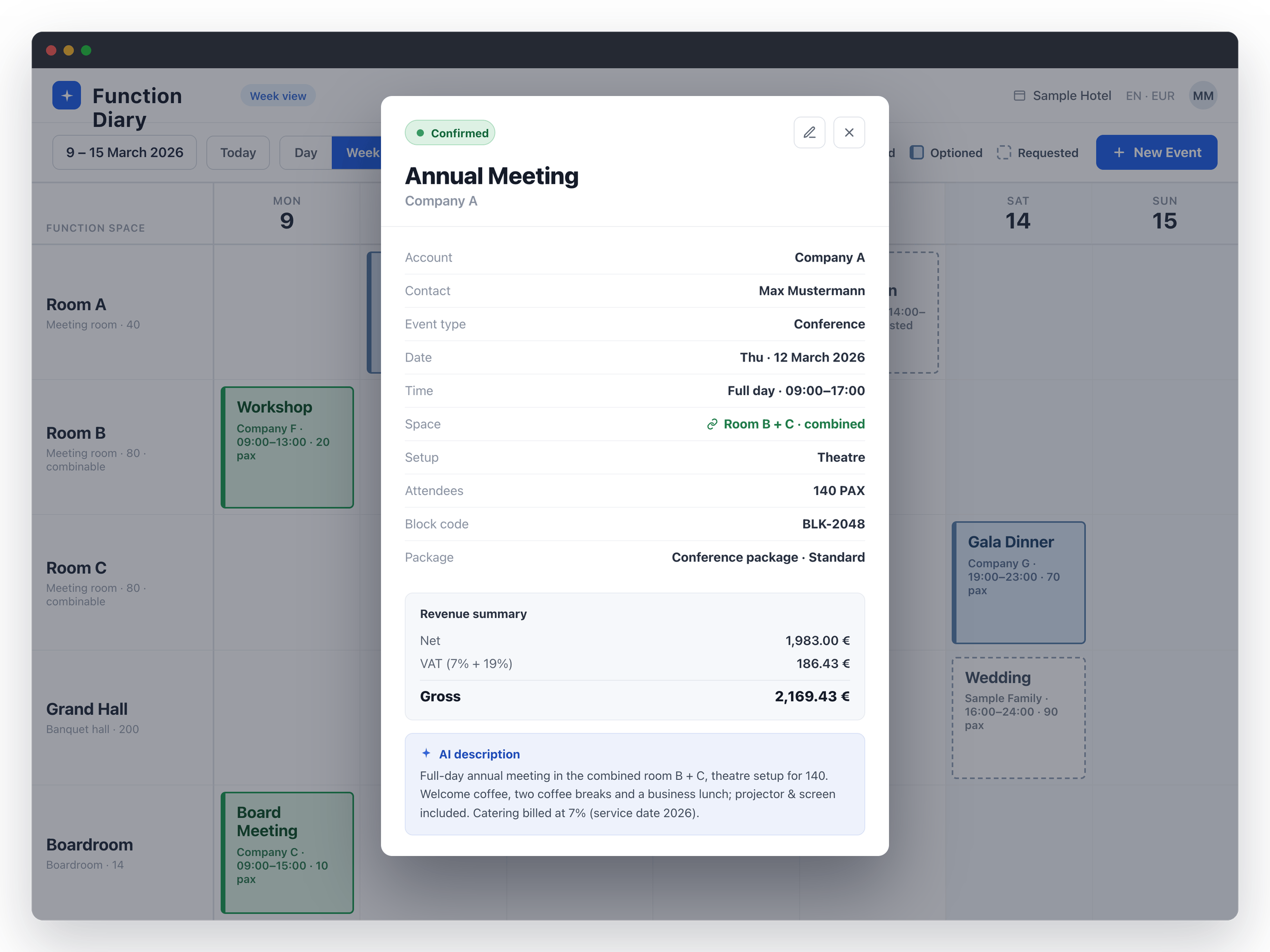 ROCKET Sales & Catering software screenshot: Function Diary showing rooms as rows, time slots as columns, and color-coded event bookings