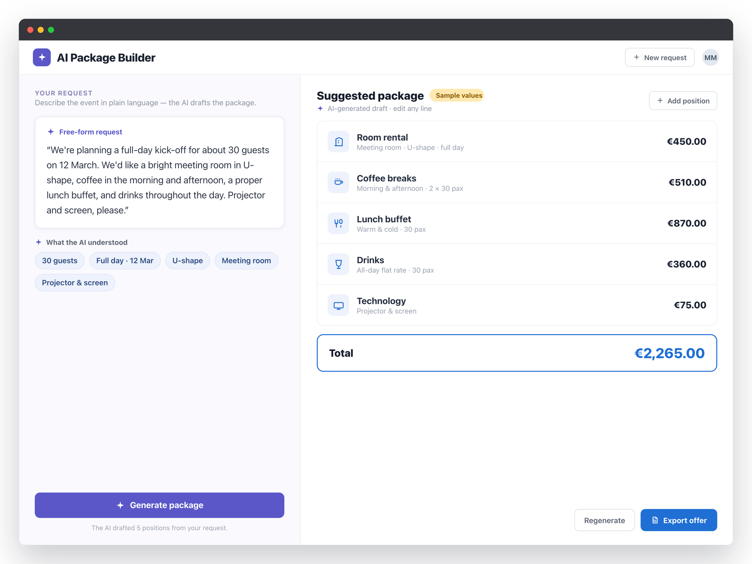 ROCKET AI Package Builder: free-form event request turned into a priced package with room rental, coffee breaks, lunch, drinks, and AV, ready to export