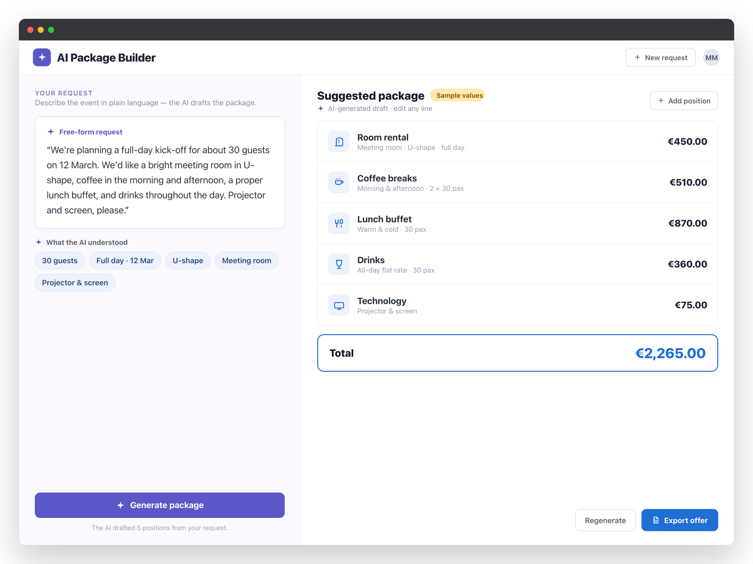 AI Package Builder creates an event package proposal for hotel team approval