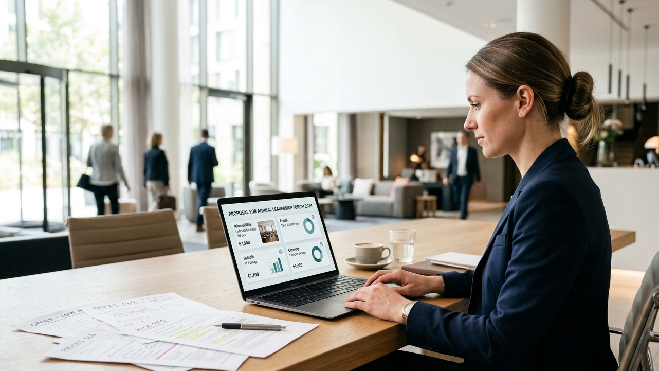 Group sales software showing structured hotel proposal on laptop screen