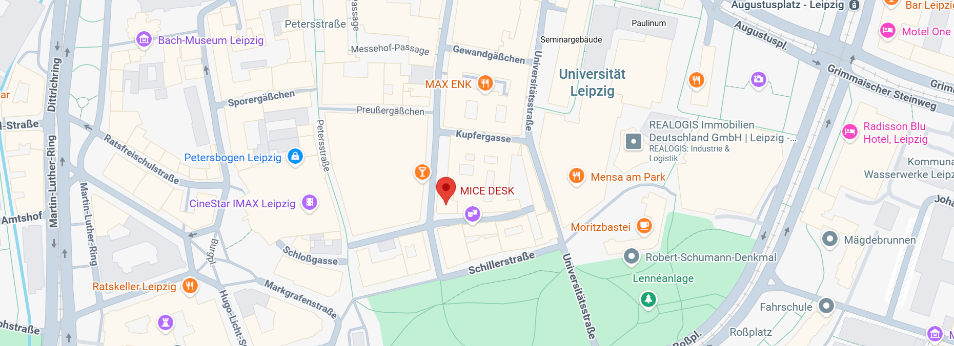 Map of Leipzig showing the location of the MICEDESK office