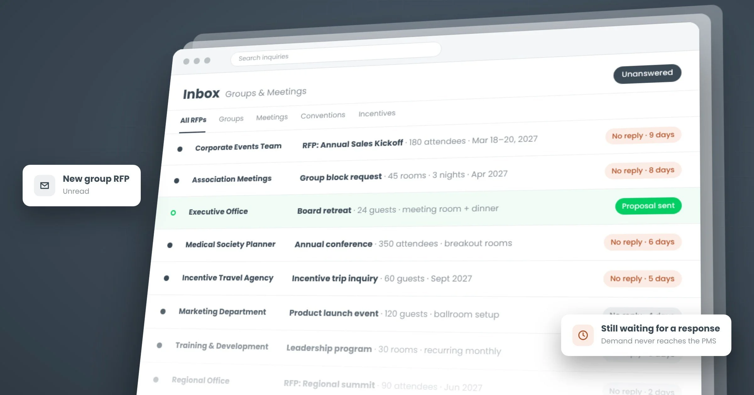 Unanswered hotel group and meeting inquiries piling up in a sales inbox