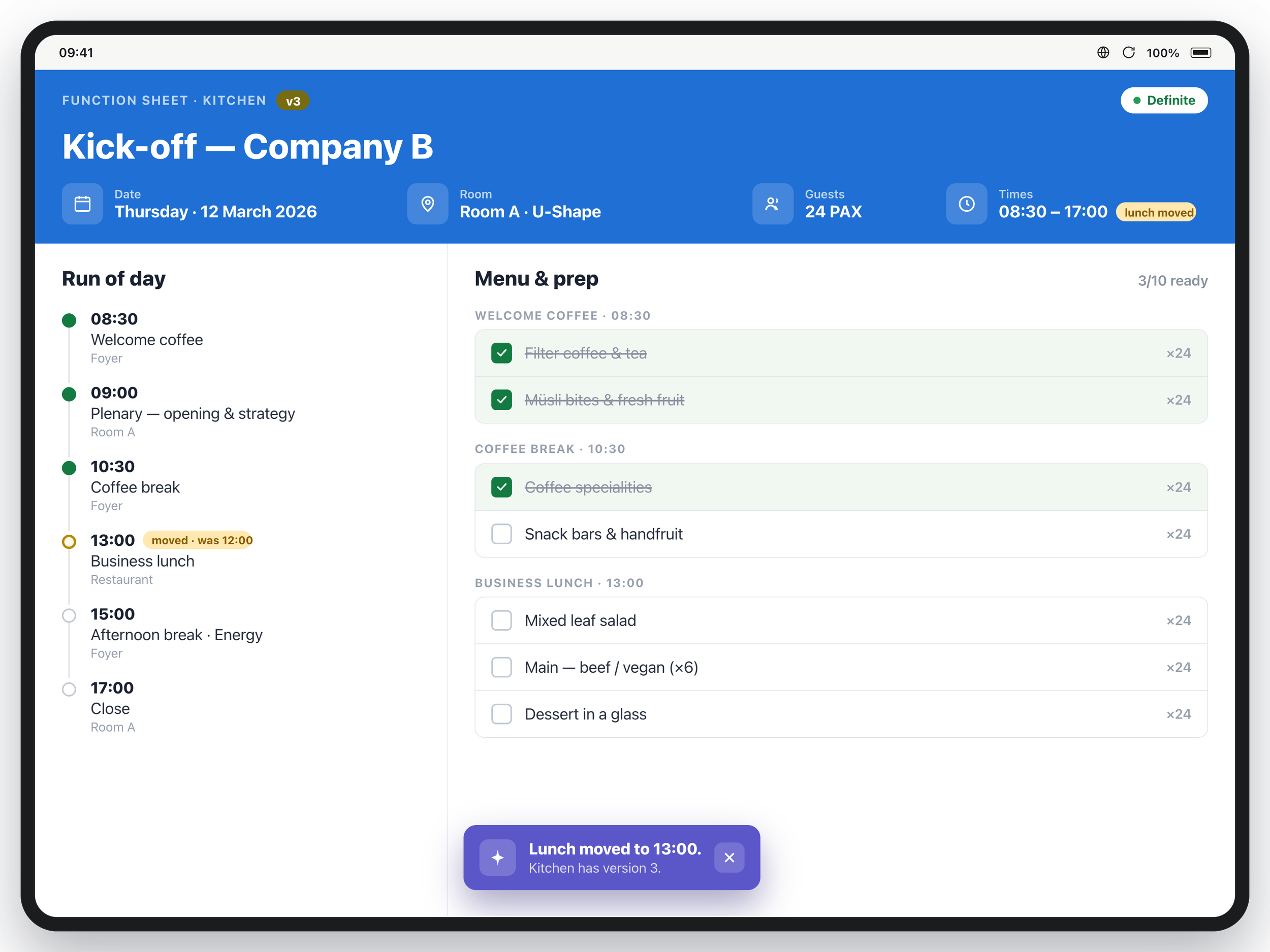 Automatically generated Banquet Event Order (BEO) with version control for kitchen, service and technical teams