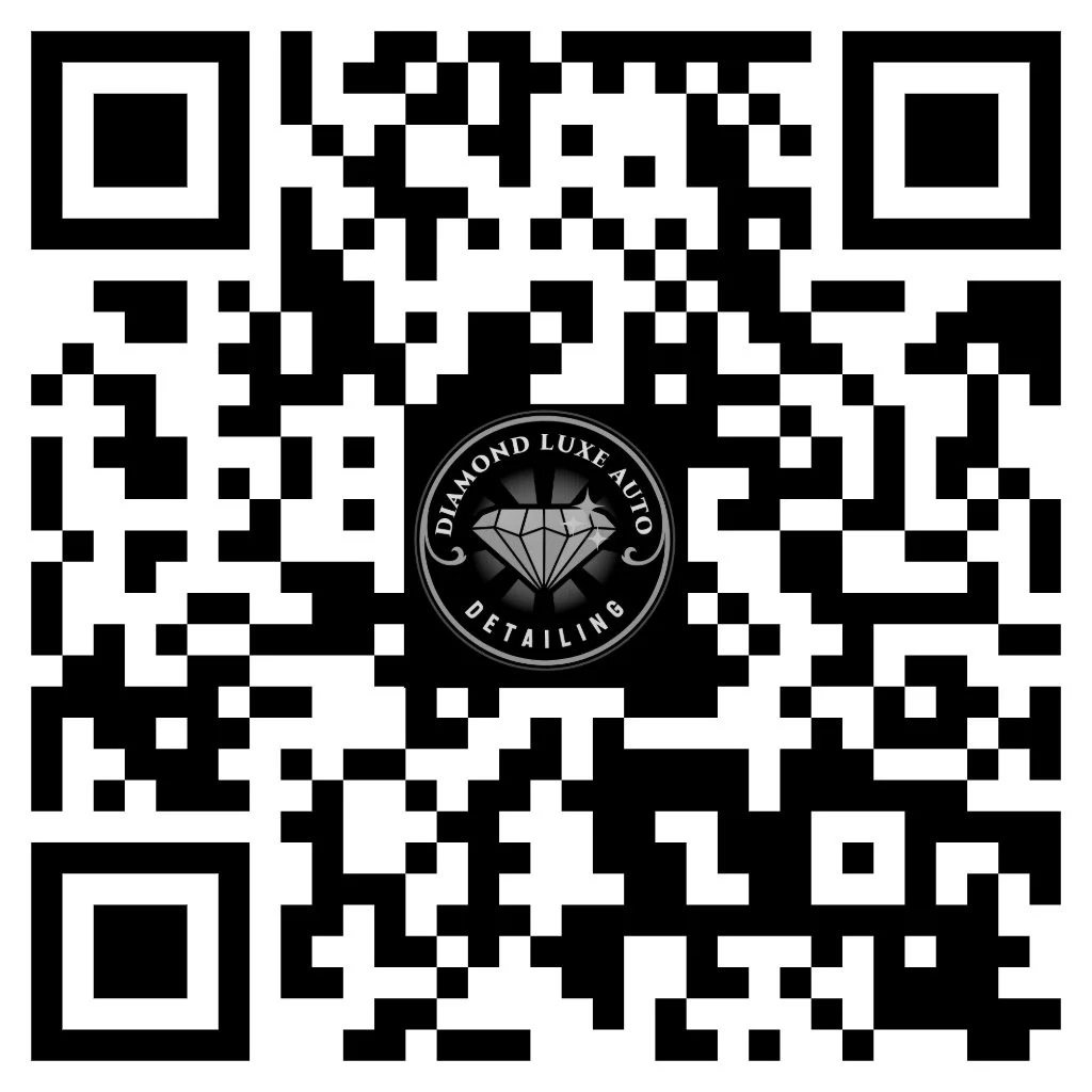 QR code with a black and silver logo in the center that reads 'Diamond Luxe Auto Detailing' and features a diamond graphic.