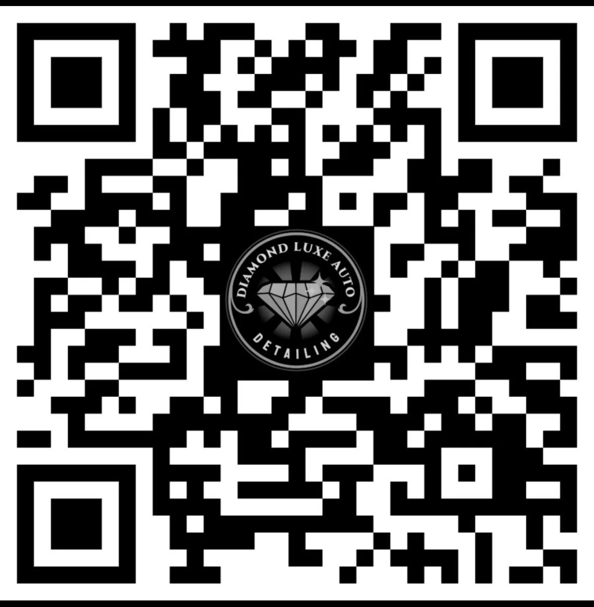 A QR code with a logo in the center for Diamond Luxe Auto Detailing, featuring a diamond icon and black and white design.