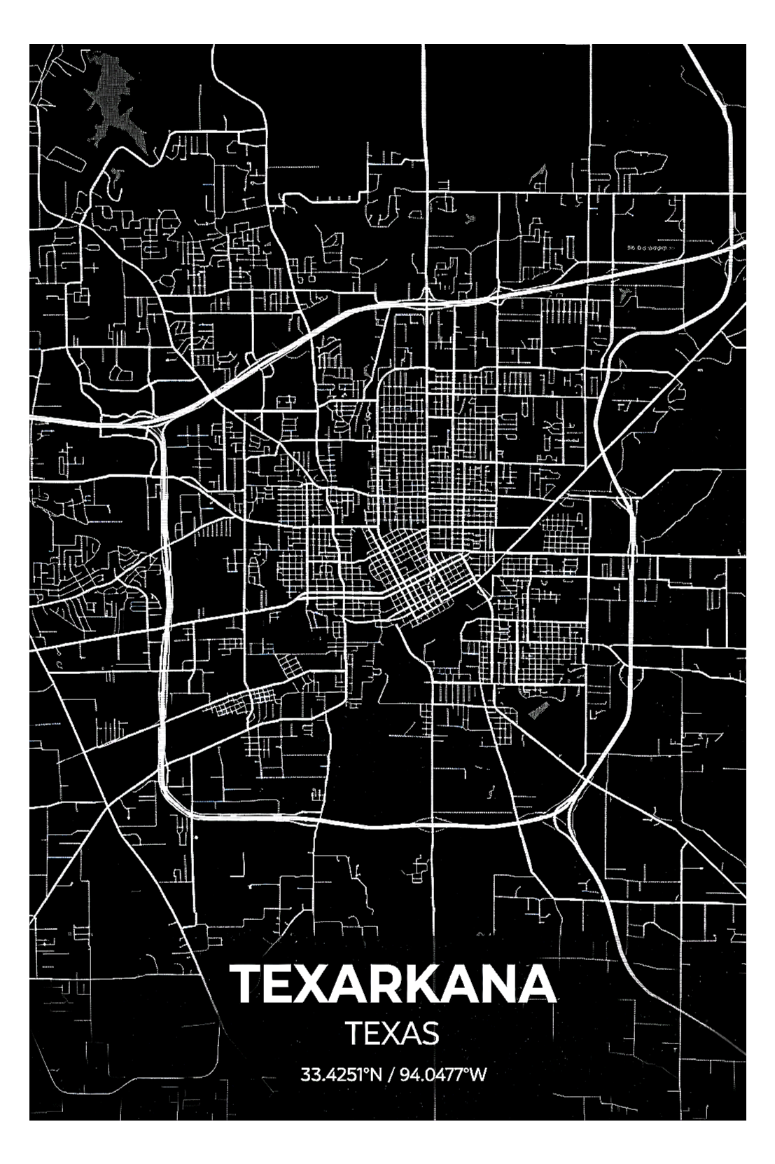 Map of Texarkana, Texas, with a black background and white street lines, showing the city's layout and coordinates 33.4251°N, 94.0477°W.