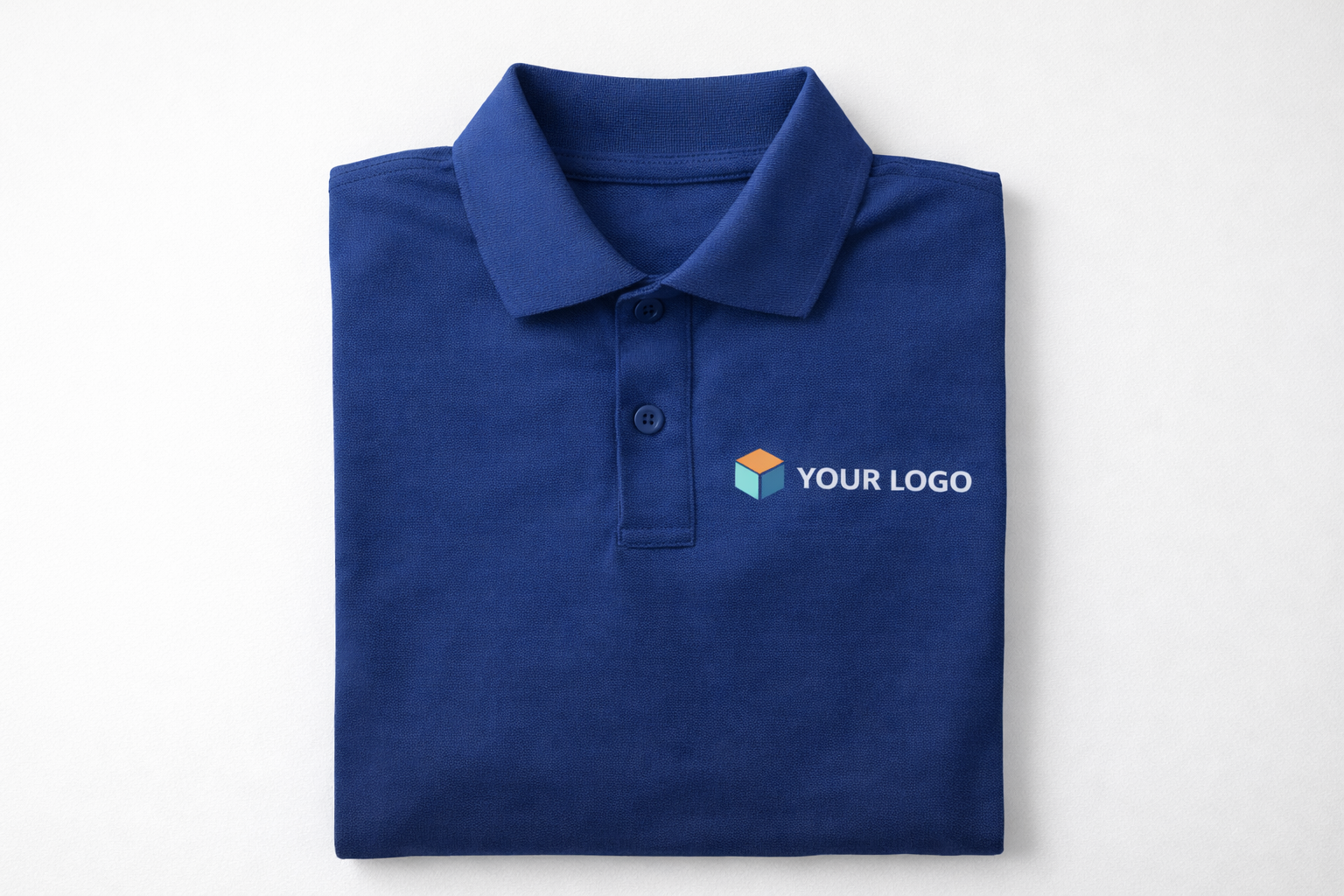 Folded blue polo shirt with a logo on the chest that features a 3D cube and the text 'YOUR LOGO'.