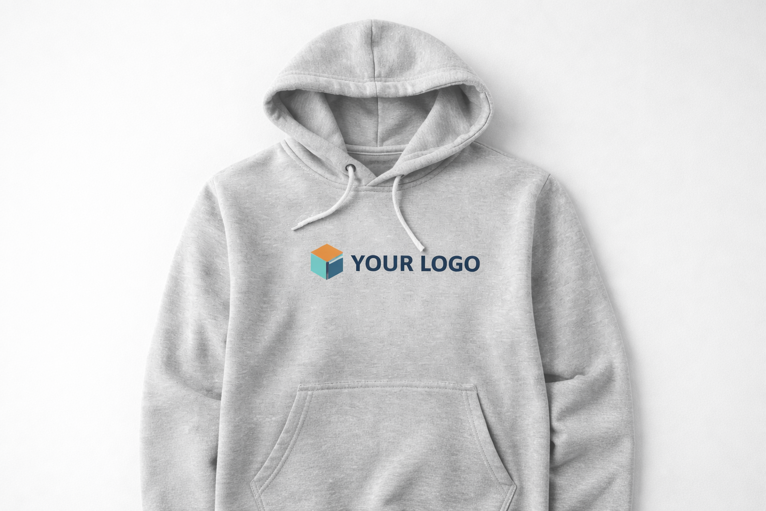 Gray hoodie with a customizable logo space on the front, featuring a 3D cube graphic and the text 'YOUR LOGO'.