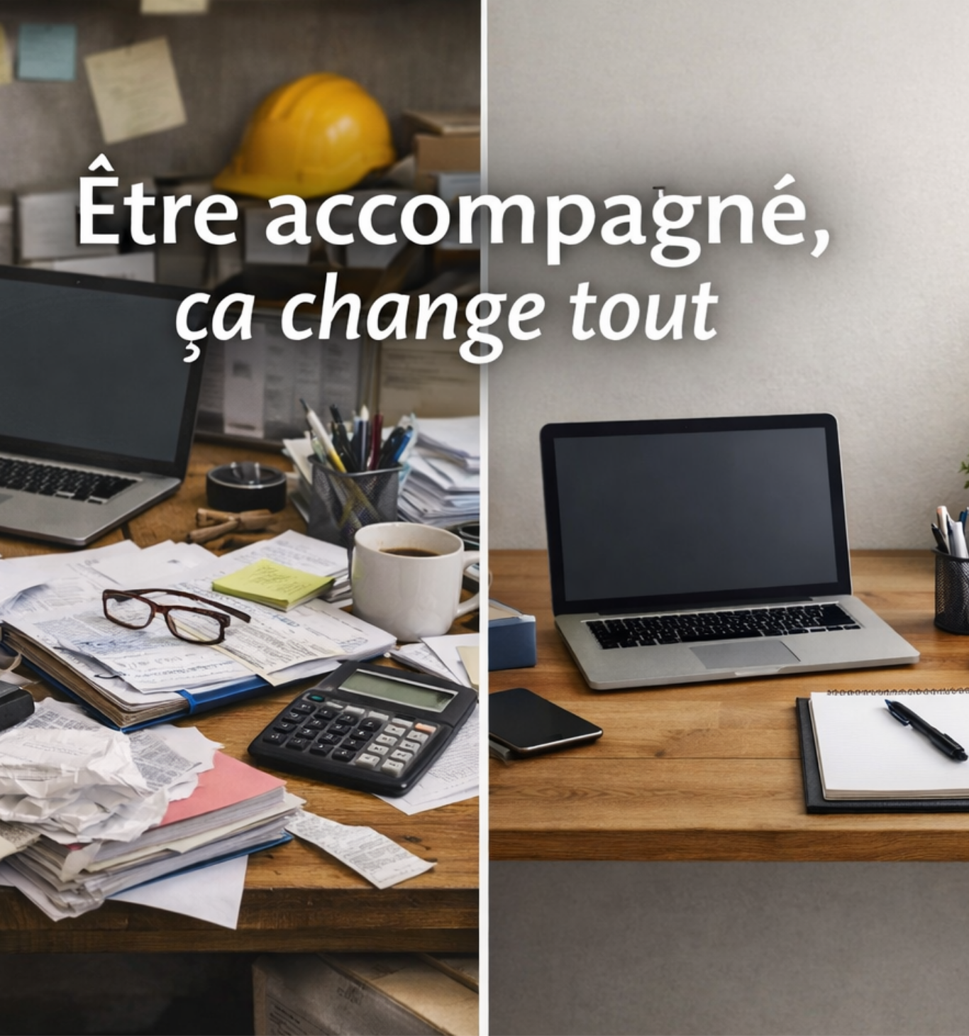 Avant : bureau en désordre avec papiers, lunettes, calculatrice, tasse de café, ordinateur portable. Après : bureau organisé avec ordinateur, téléphone, bloc-notes et stylos.