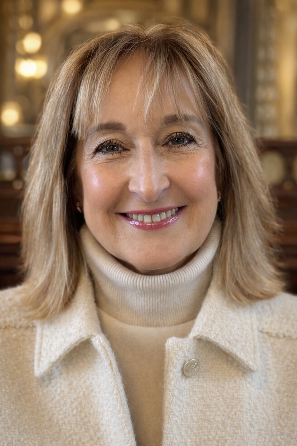 Une femme souriante avec des cheveux blonds, portant un col roulé beige et un manteau beige dans un lieu intérieur chaleureux.