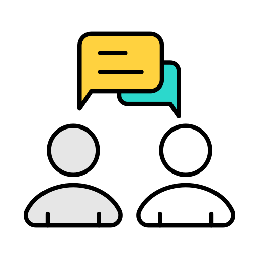 Deux silhouettes de personnes en conversation avec des bulles de dialogue colorées au-dessus d'elles.