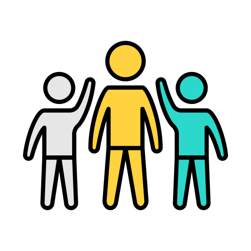 Icône représentant trois personnes stylisées, une au centre en jaune avec la tête ronde, et deux à ses côtés, l'une en gris et l'autre en turquoise, toutes sur fond noir.