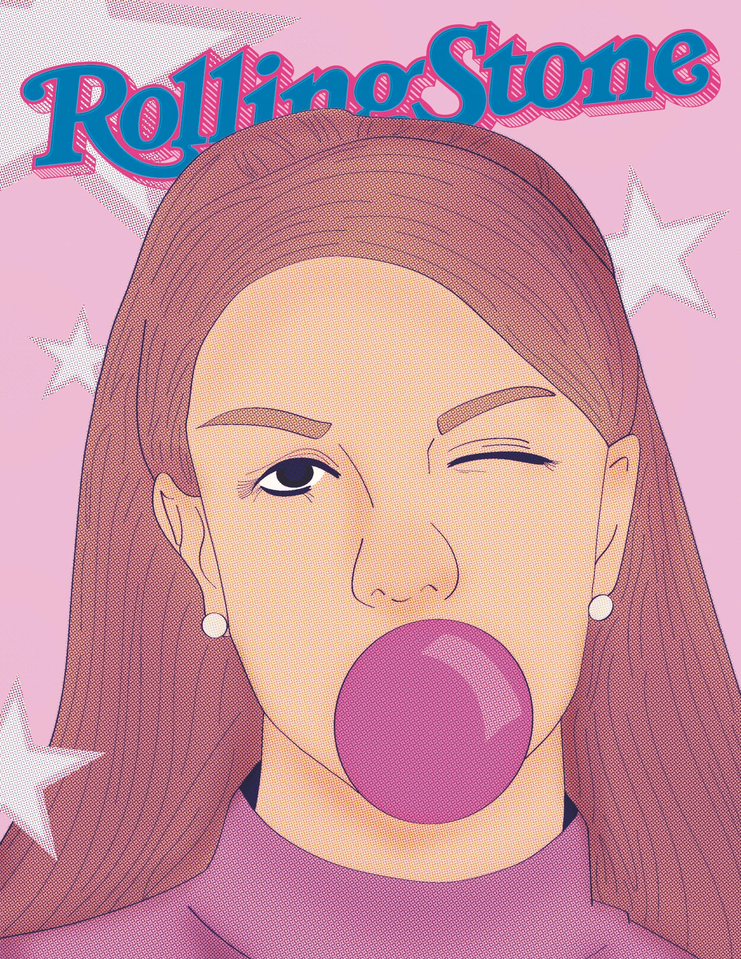 Illustration of Britney Spears blowing a bubble gum bubble, winking, with the word 'Rolling Stone' above her head on a pink background with stars. Created by graphic design student and illustrator Kenzie Coates