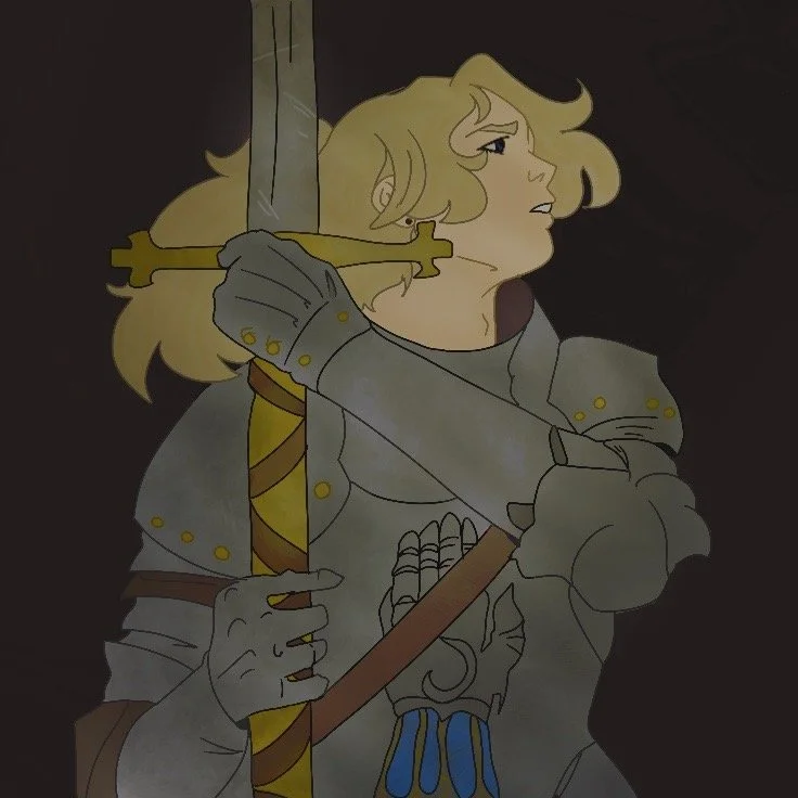 A knight with blonde hair in armor holding a sword with a cross-shaped guard, looking determined.