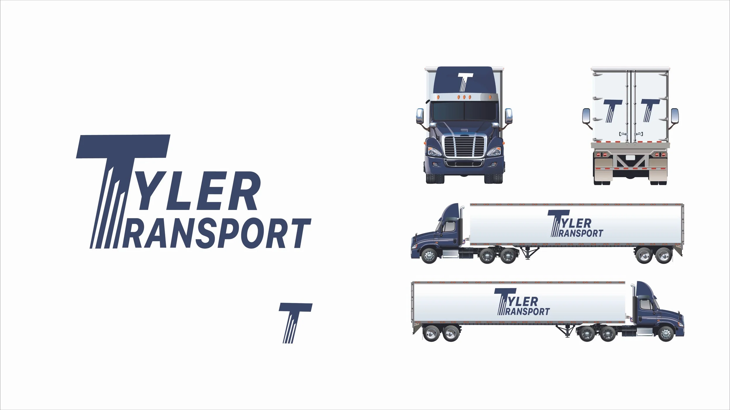 A set of trucks with the logo 'Tyler Transport'. The trucks include a front and rear view of a semi-truck and two side views of semi-trucks with trailers, all featuring the 'Tyler Transport' logo and branding. Created by design student Kenzie Coates