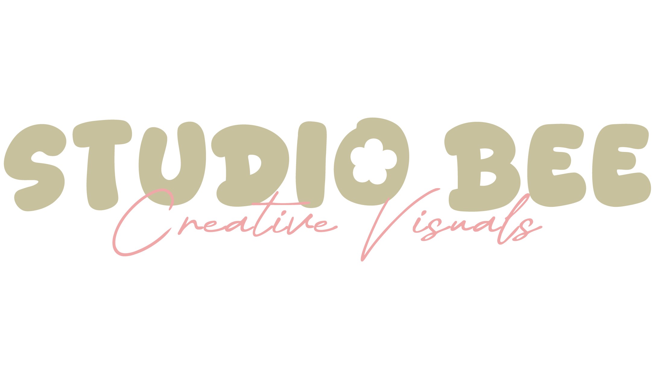 Logo for Studio Bee Creative Visuals with stylized text in beige and pink, featuring a small bee icon in the letter 'O' in 'Studio'.