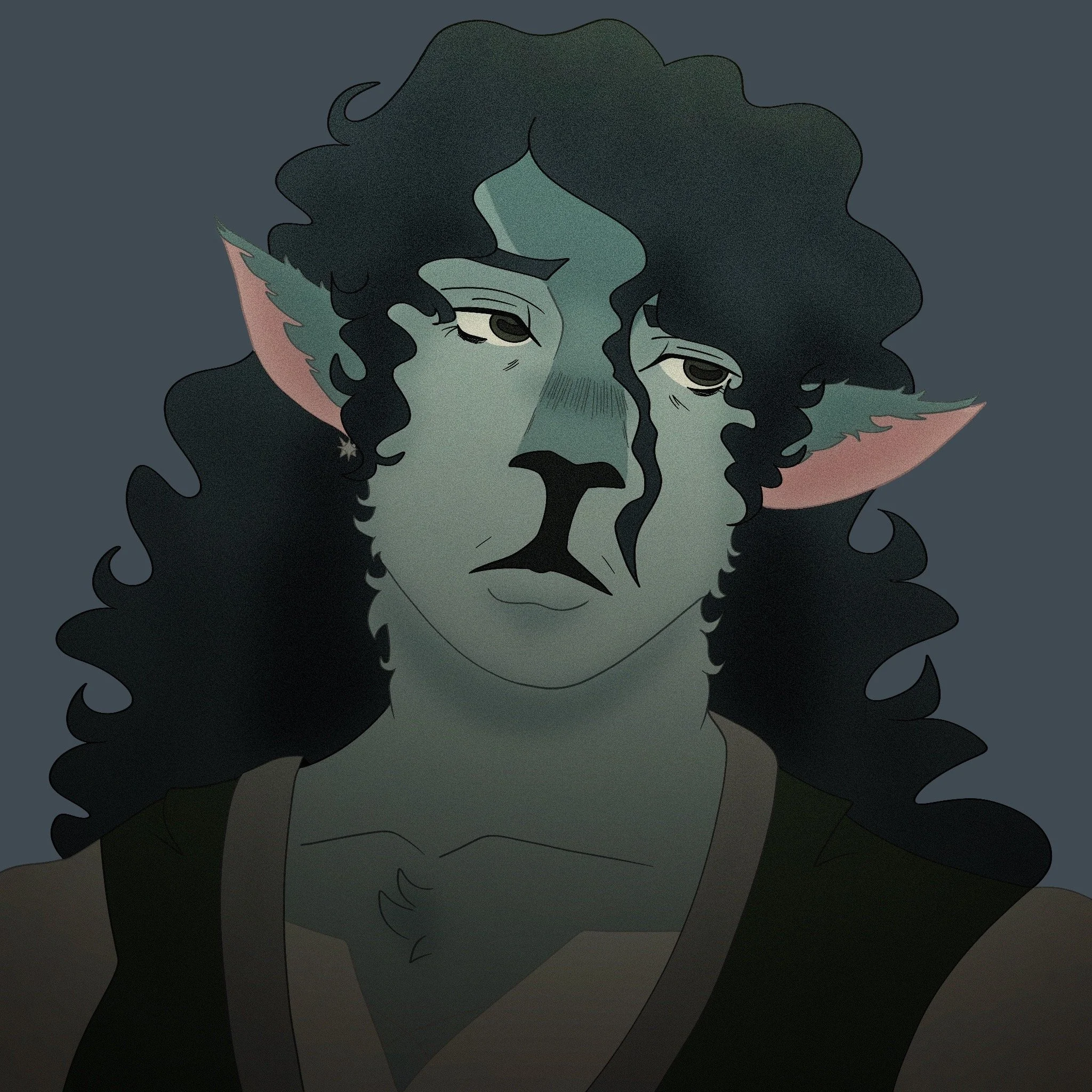 Digital illustration of a humanoid character with goat-like features, including pointed ears, long dark curly hair, and grayish-green skin, against a dark background. Filborg Warlock portrait created by graphic design student  Kenzie Coates