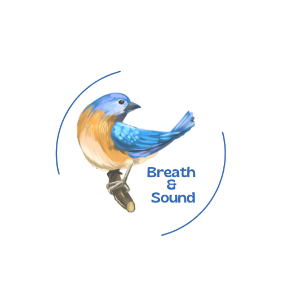 Illustration of a blue and orange bird perched on a branch, with the words "Breath & Sound" next to it.