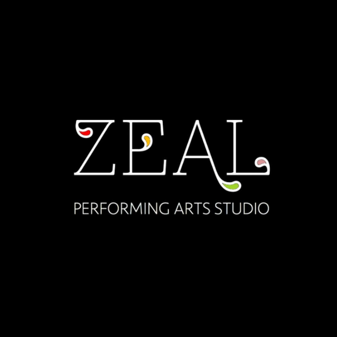 Logo for Zeal Performing Arts Studio with the word 'ZEAL' in stylized letters, each letter accented with small colored flourishes, and the text 'Performing Arts Studio' underneath.
