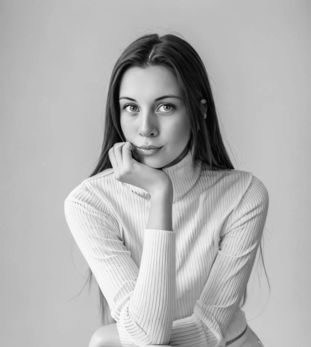 Black and white portrait of a young woman with long hair, resting her chin on her hand, wearing a striped top, looking directly at the camera with a soft smile.