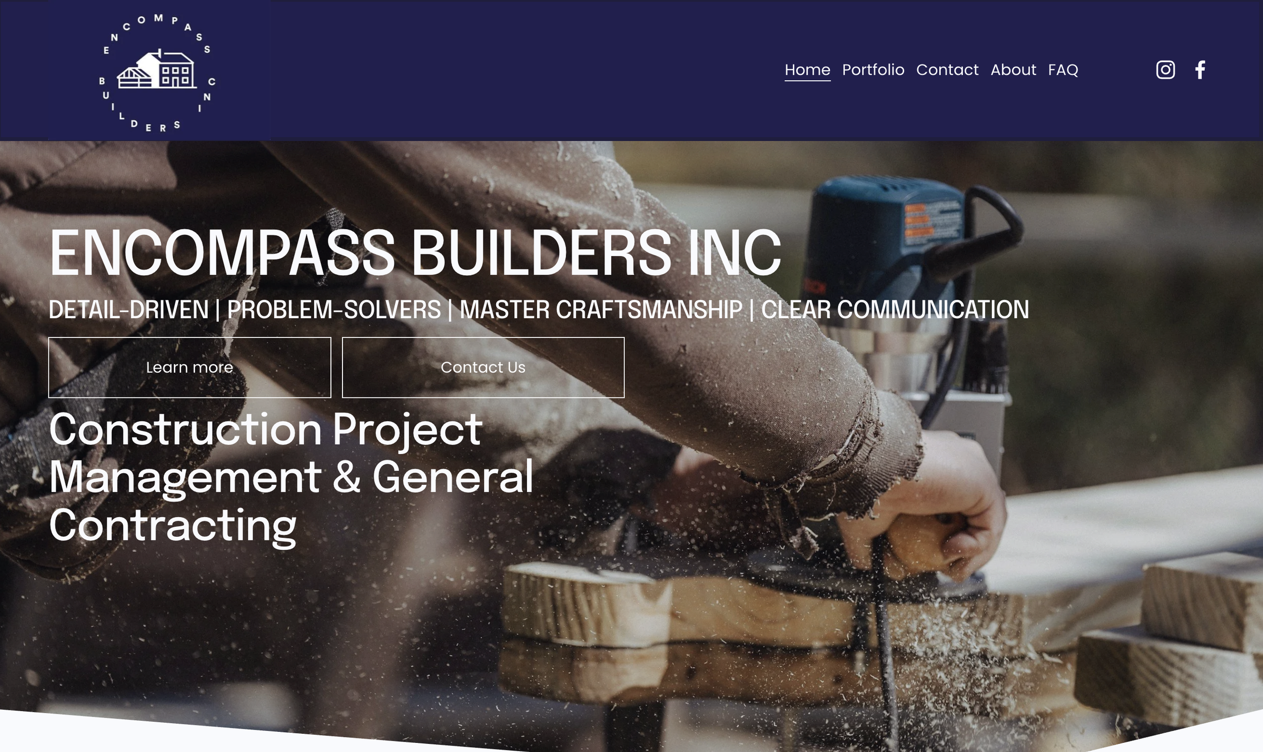 Construction worker cutting wood with a power saw outdoors, with dust and wood chips flying.