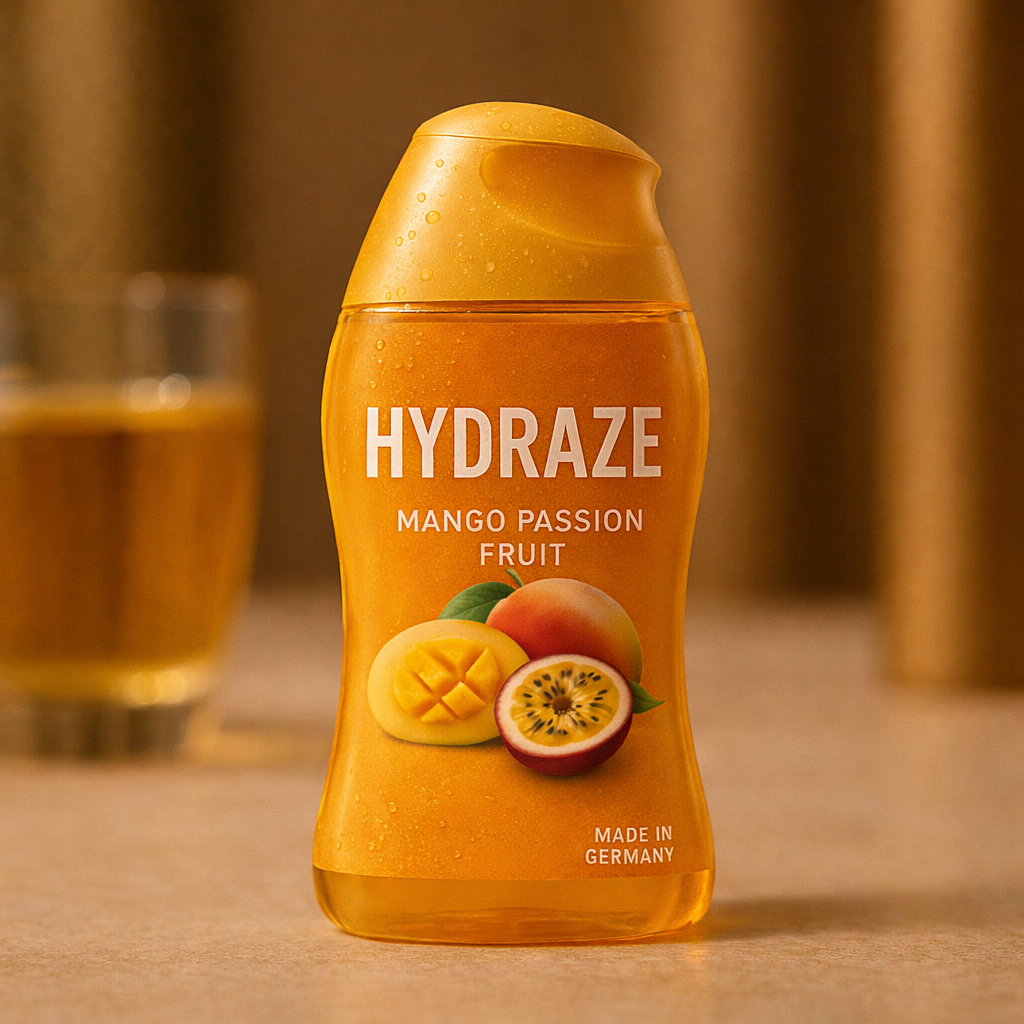 A bottle of Hydraze Mango Passion Fruit beverage with images of mango, passion fruit, and peach on the label, placed on a wooden surface with a glass of the drink in the background.