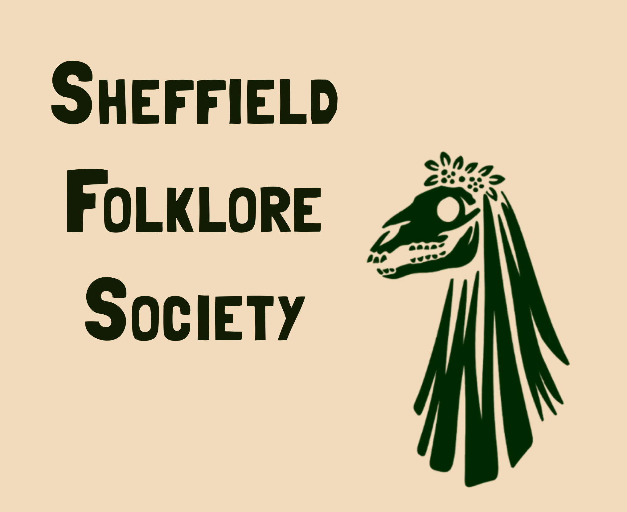 Logo of Sheffield Folklore Society featuring a stylized bird skull with floral decorations and text.