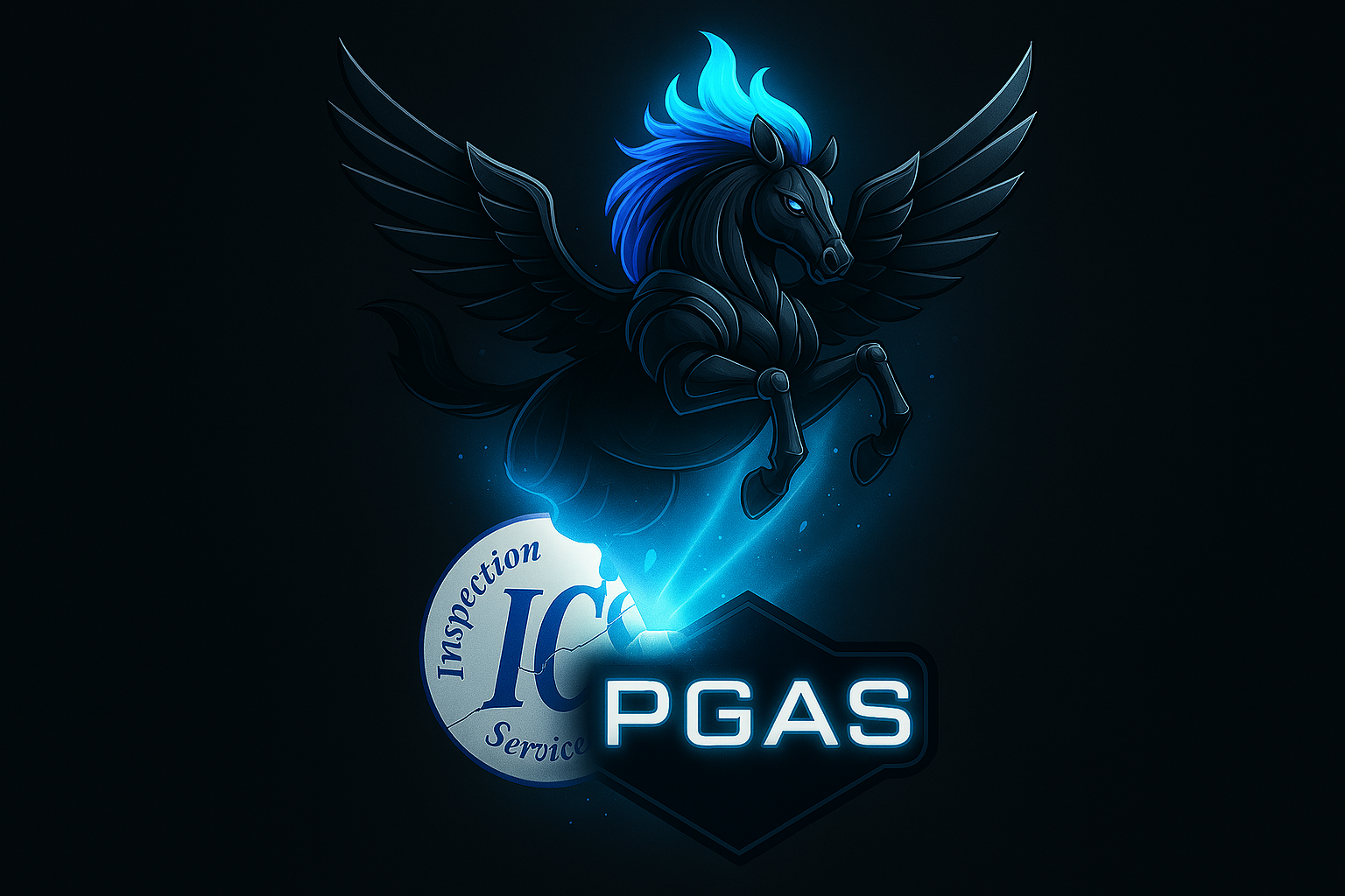 Logo d'un service d'inspection de gaz, avec un cheval centaure ailé noir brillant et une lumière bleue, portant le texte 'PGAS' et 'Inspection Service'.