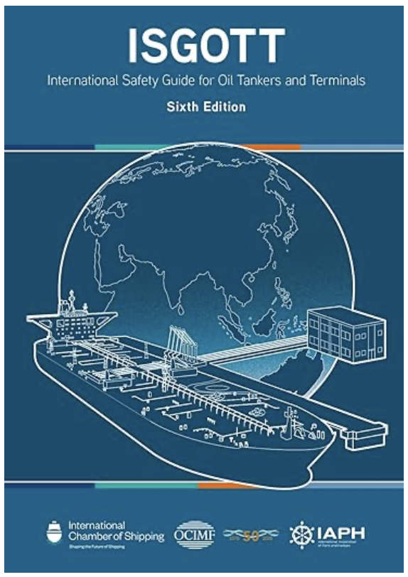 Couverture du guide de sécurité international pour les pétroliers et terminaux, édition sixième, avec une illustration d'un navire pétrolier devant un globe terrestre, incluant des logos de l'International Chamber of Shipping, OCIMF, IAPH et d'autres organisations.
