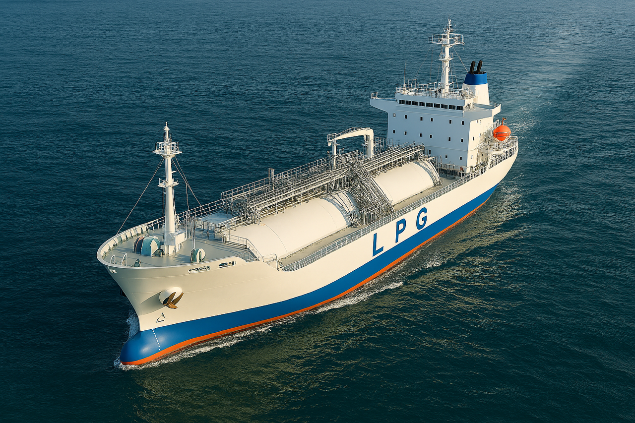 Un navire de transport de GPL (gaz de pétrole liquéfié) en mer, blanc avec une bande bleue et le texte 'LPG' écrit dessus.