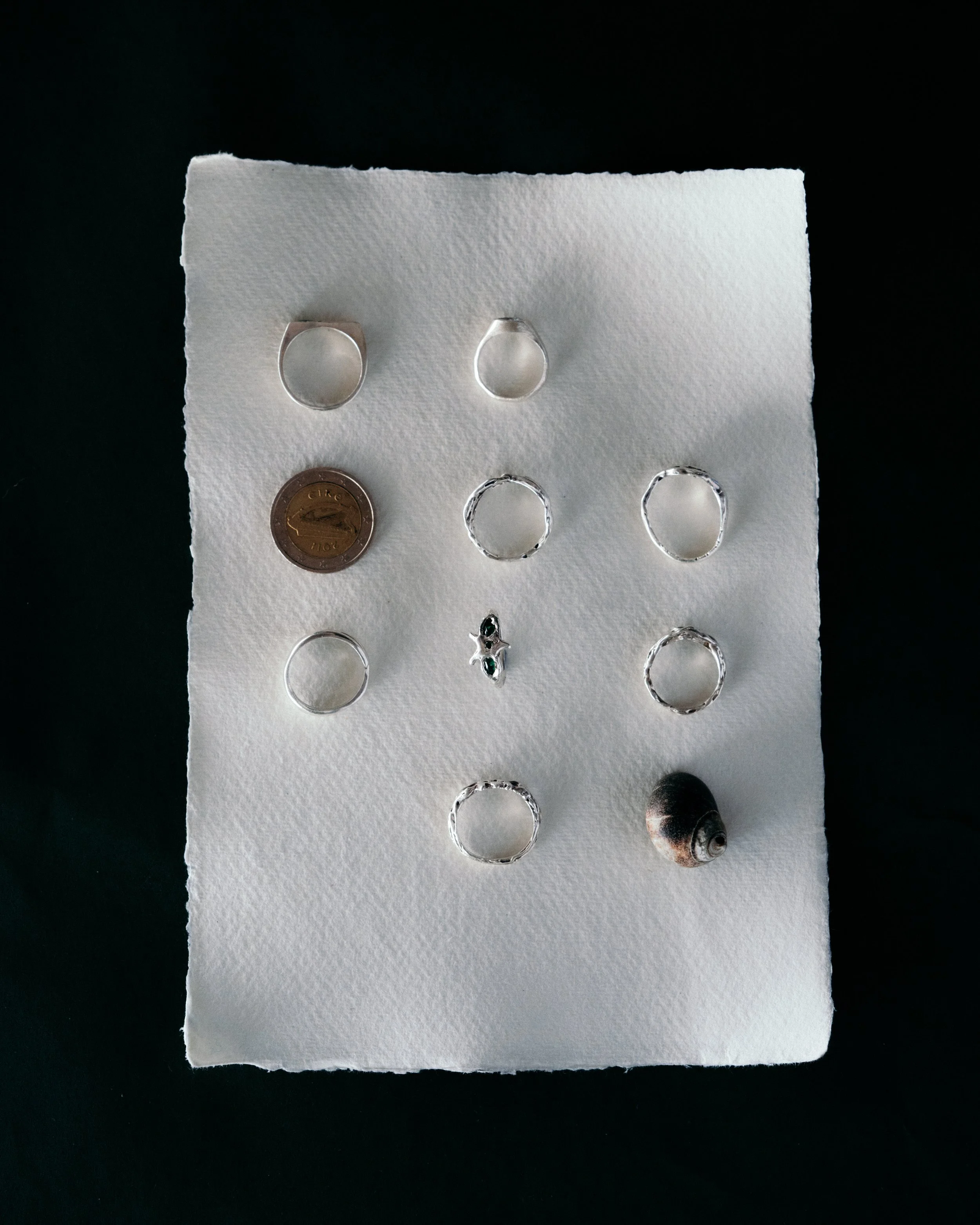 Set of silver rings, rings with green stones, a seashell, a quarter, and a small insect pin displayed on white textured paper against black background.