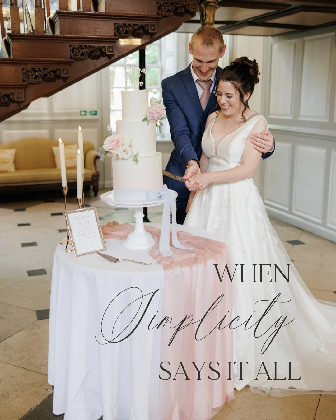 A masterclass in less is more...

See how we helped Donna &amp; Dave go from being
&ldquo;overwhelmed by ideas&rdquo; to having a subtly show-stopping wedding cake that had their guests saying &ldquo;I&rsquo;ve never seen such a beautiful cake!&rdquo