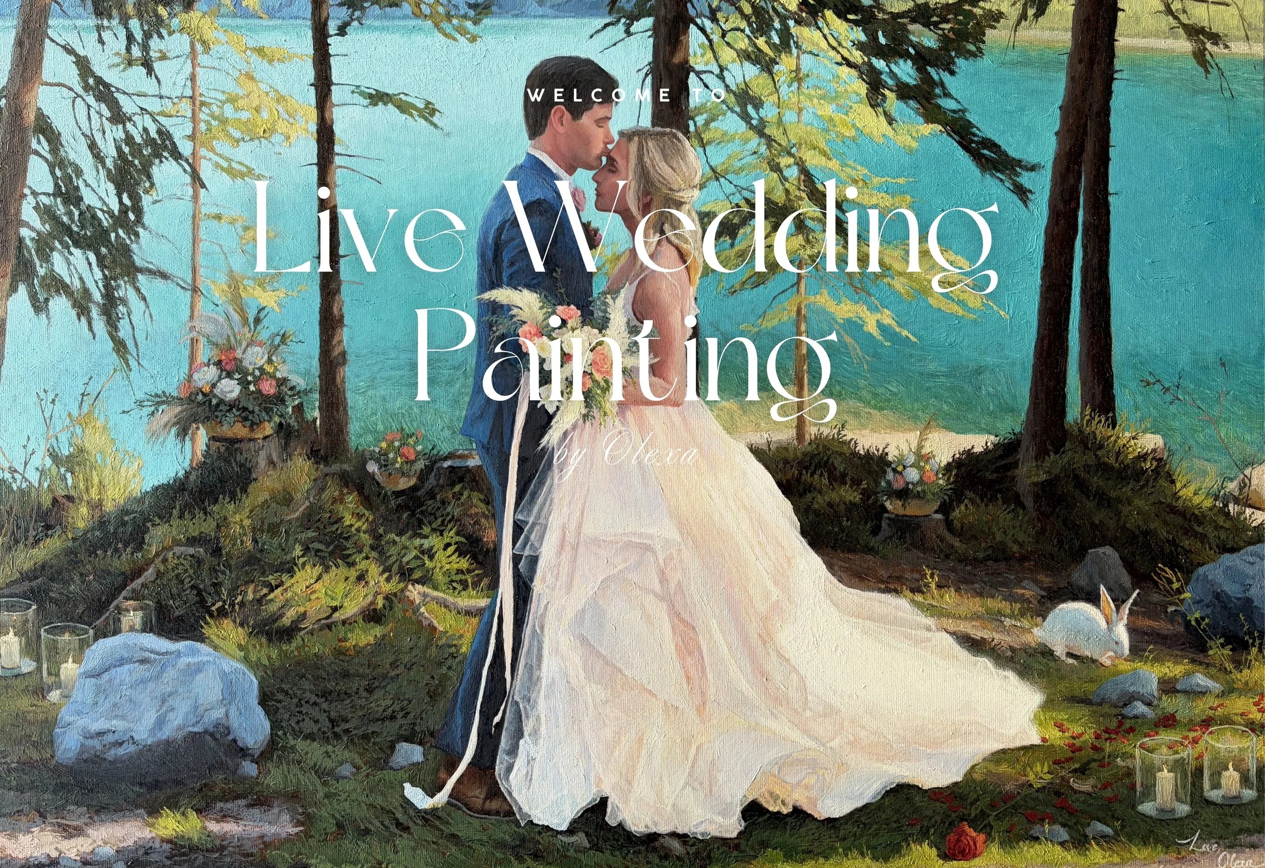 A painting of a couple in wedding attire standing closely by a lake with a forest in the background. The bride wears a white gown and holds a bouquet, and the groom wears a suit. They are surrounded by flowers, rocks, candles, and a white rabbit, with the water and trees behind them.