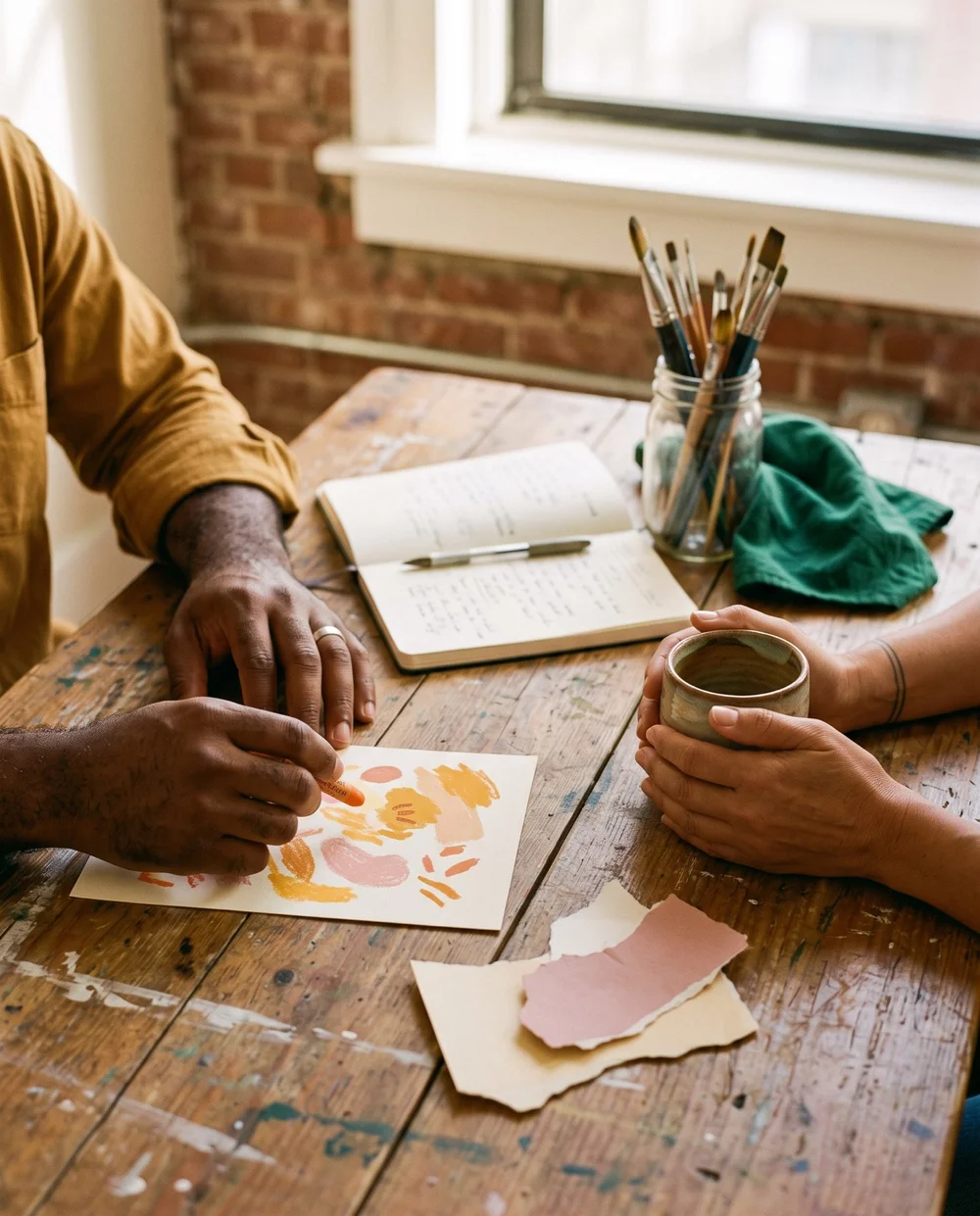Two art therapists in peer consultation at a paint-marked table, one drawing with an oil pastel, at Brooklyn North in Greenpoint, Brooklyn
